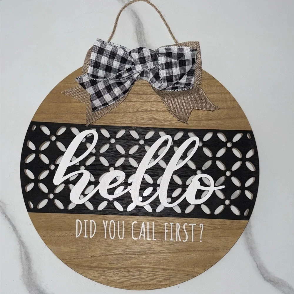 Huntington Home Tan and Black Circle Sign with Checkered Bow